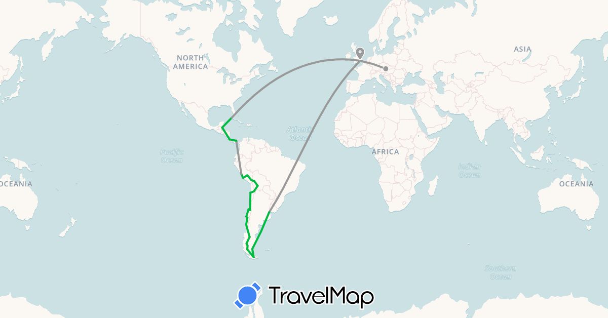 TravelMap itinerary: driving, bus, plane in Argentina, Austria, Bolivia, Belize, Chile, Costa Rica, Cuba, United Kingdom, Panama, Peru (Europe, North America, South America)